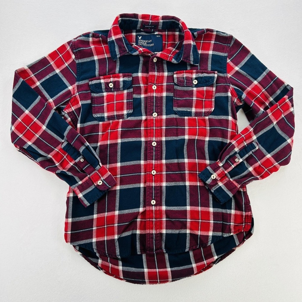 American Eagle Flannel Shirt Mens Large Red Plaid Excellent Athletic Button Up